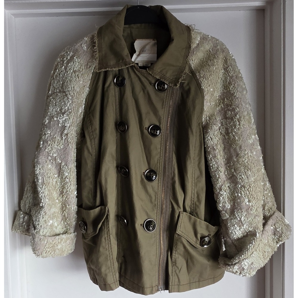 Anthro Hei Hei Jacket Women L Olive Green Cotton Collared Long Sequined Sleeve